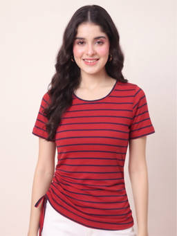 JAKANARY - Red Women Striped Round Neck Bio Finish Top
