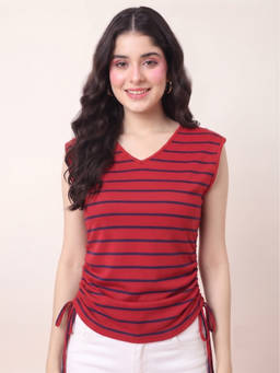JAKANARY - Red Women Striped V-Neck Bio Finish Top