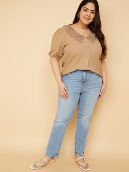 max - Women Crinkled Beige Textured Top