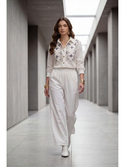 Zari Jaipur - White Embroidered Denim Shirt and Straight-Fit Pant Co-Ord