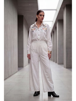 Zari Jaipur - White Embroidered Denim Shirt Co Ord