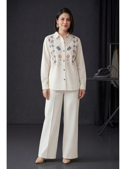Zari Jaipur - White Embroidered Denim Shirt and Wide-Leg Pant Co-Ord