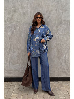 Zari Jaipur - Dark Blue Printed Denim Shirt and Wide-Leg Pant Co-Ord