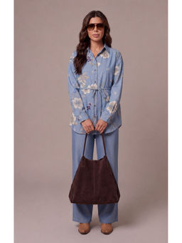 Zari Jaipur - Dark Blue Printed Denim Shirt and Wide-Leg Pant Co-Ord