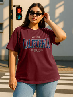 JUNEBERRY - Women's California Maroon Plus Size Printed T-shirt