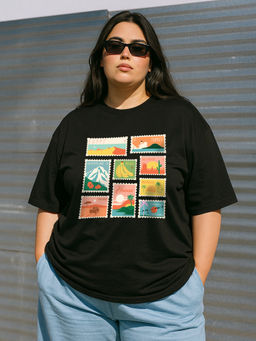 JUNEBERRY - Women's City Travel Black Plus Size Printed T-shirt