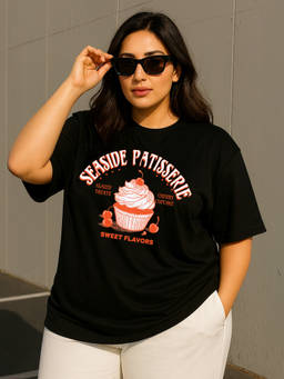 JUNEBERRY - Women's Seaside Travel Black Plus Size Printed T-shirt