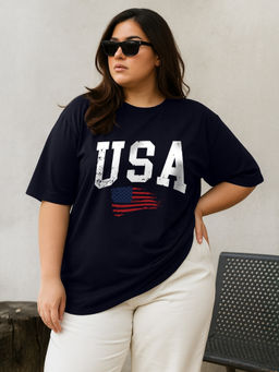 JUNEBERRY - Women's USA Navy Plus Size Printed T-shirt