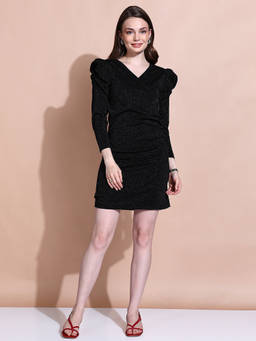 Saffe - Black Women Bodycon V-Neck Dress