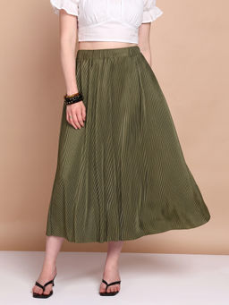 Saffe - Women's Olive High Rise Solid Flared Midi Skirt