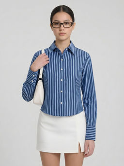 Uptownie - Blue Linen Striped Collared Shirt