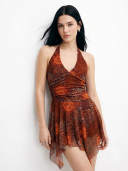 Outzidr - Brown Printed Halter Neck Skater Dress