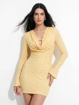 Outzidr - Yellow Cowl Neck Studded Dress
