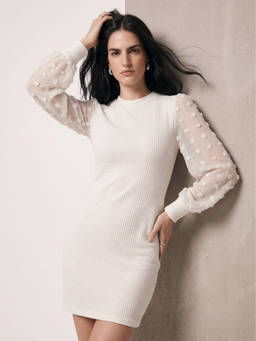 Outzidr - White Sheer Sleeved Bodycon Textured Dress