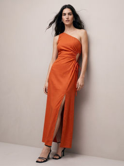 Outzidr - Rust One Shoulder With Slit And Side Tie Up Detail Dress