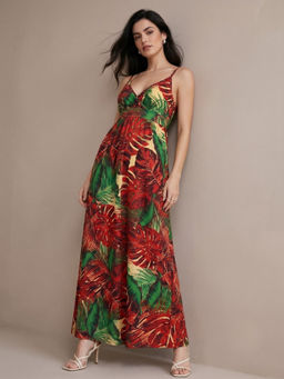 Outzidr - Red Strappy Wrap Printed Dress