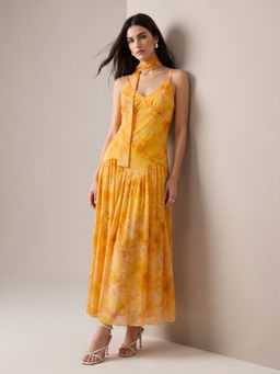 Outzidr - Mustard Printed Drop Waist With Scarf Detail Dress