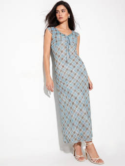 Outzidr - Light Blue Checkered Maxi Dress With Ruffled Neck