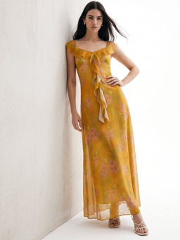 Outzidr - Mustard Plunge Neck Printed Ruffled Dress
