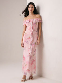 Outzidr - Pink Ruffled Off-Shoulder Printed Dress