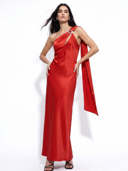 Outzidr - Red One Shoulder Dress