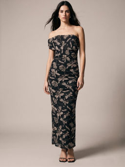 Outzidr - Beige Floral Print One-Shoulder Maxi Dress