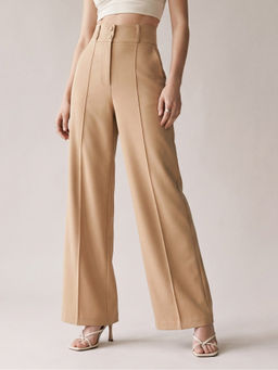 Outzidr - Beige High Waist Structured Trouser