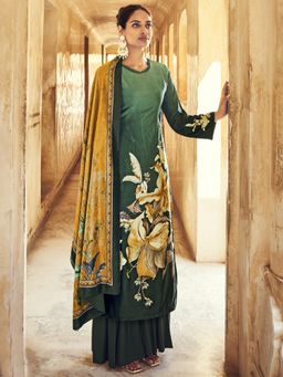 Stylee LIFESTYLE - Green Velvet Digital Floral Printed Dress Material (Set of 3)