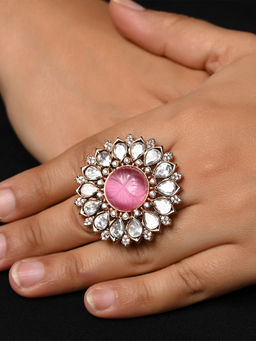AG'S - Binita Pink Stone Gold Plated Kundan Ring