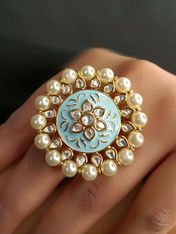 AG'S - Chameli Sky Blue Meenakari Work Kundan Ring