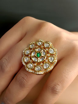 AG'S - Chandrakala Green Stone Gold Plated Kundan Ring