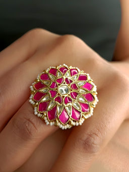 AG'S - Eshani Majenta Stone Gold Plated Paachi Kundan Ring