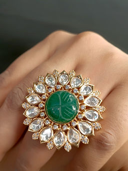 AG'S - Eshika Green Stone Gold Plated Kundan Ring
