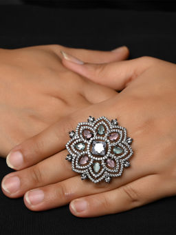 AG'S - Faguni Pink and Mint Green Diamond Rhodium Plated Victorian Ring