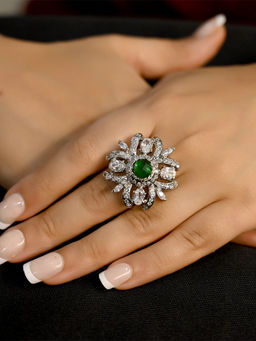 AG'S - Bala Green Stoned Rhodium Plated Victorian Ring