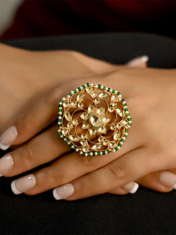 AG'S - Barsha Paachi Kundan Gold Plated Finger Ring With Pearl and Green Stone