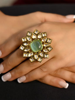 AG'S - Harsha Light Green Gold Plated Kundan Ring