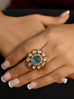 AG'S - Harshika Sky Blue Gold Plated Kundan Ring