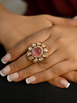 AG'S - Hemlata Baby Pink Stone Gold Plated Kundan Ring