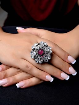 AG'S - Indira Rose Pink Stone Oxidized Silver Boutique Ring