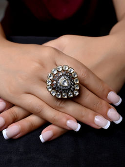 AG'S - Lajvanti Beautiful Kundan, Polki Gold and Rhodium Plated Victorian Finger Ring