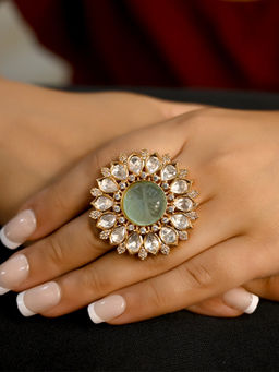 AG'S - Bhanuja Light Green Stone Gold Plated Kundan Ring