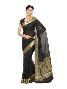 Banarasi Silk Works - Black Valkalam Zari Anchal Border Art Saree with Unstitched Blouse