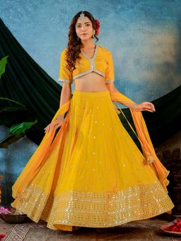 Kasya - Women Mustard Solid Blouse with Lehenga and Dupatta (Set of 3)