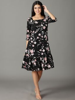 SHOWOFF - Womens Printed Square Neck Black Knee Length Dress