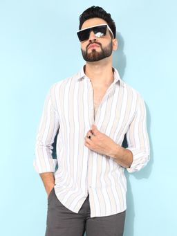 CRIMSOUNE CLUB - Men Beige Vertical Striped Shirt