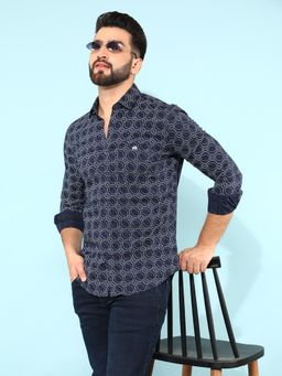 CRIMSOUNE CLUB - Men Navy Blue Cotton Printed Shirt