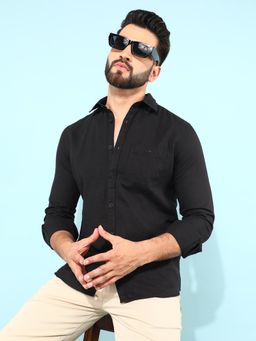 CRIMSOUNE CLUB - Men Black Solid Linen Shirt
