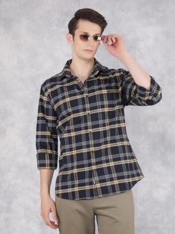 CRIMSOUNE CLUB - Men Navy Blue Cotton Checked Shirt