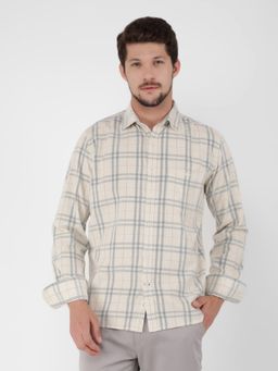 CRIMSOUNE CLUB - Men Cream Cotton Checked Shirt